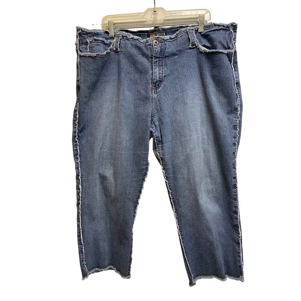 Route 66 Women 22W Blue Denim Capris Stretch Raw Edge Fringe Cropped Jeans Y2K